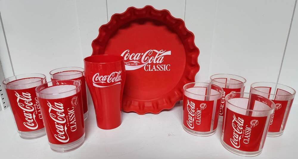 Vintage Coca-Cola Plastic Glass Set w/ Large Pop-Top Tray 8 Glasses + Cup